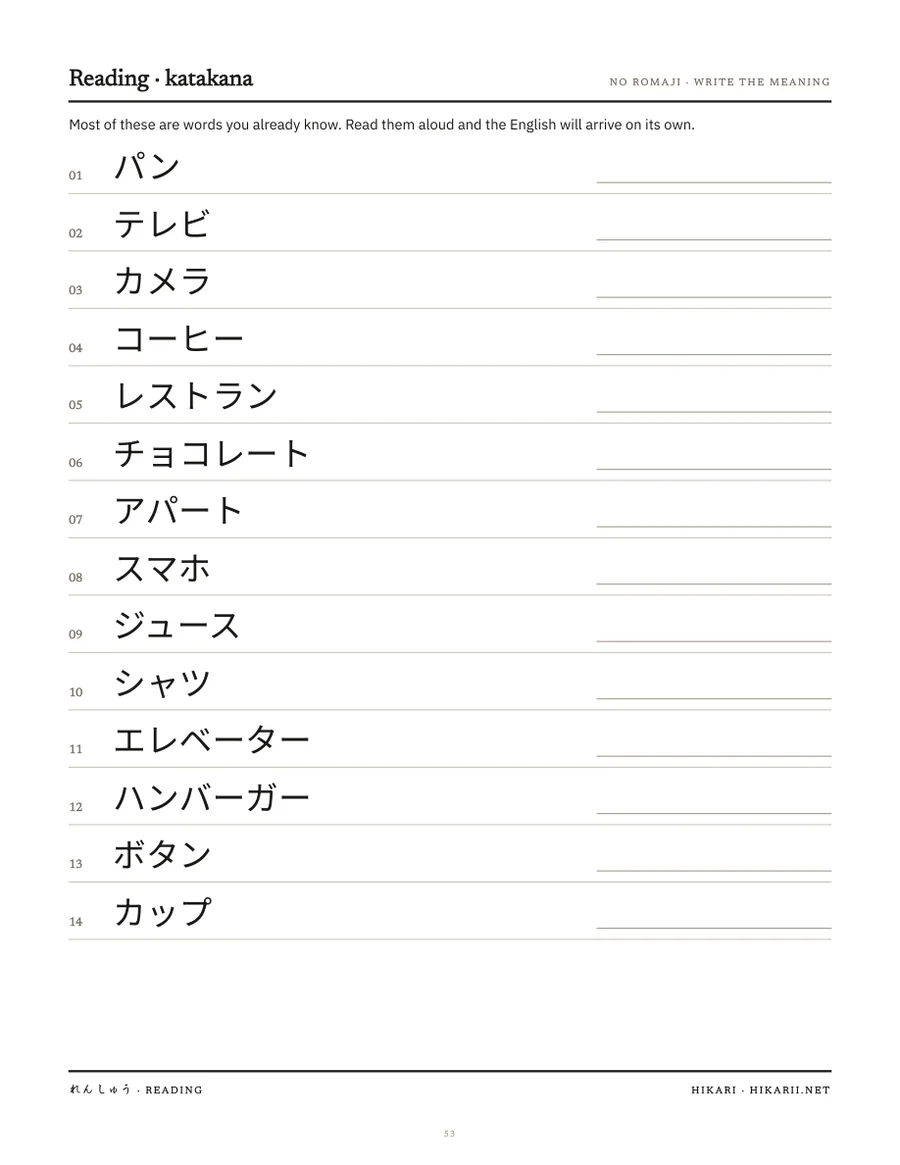 Katakana reading practice page with loanwords such as パン, テレビ and コーヒー