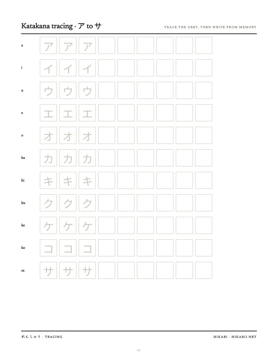 Katakana tracing worksheet with grey guide characters and empty practice boxes